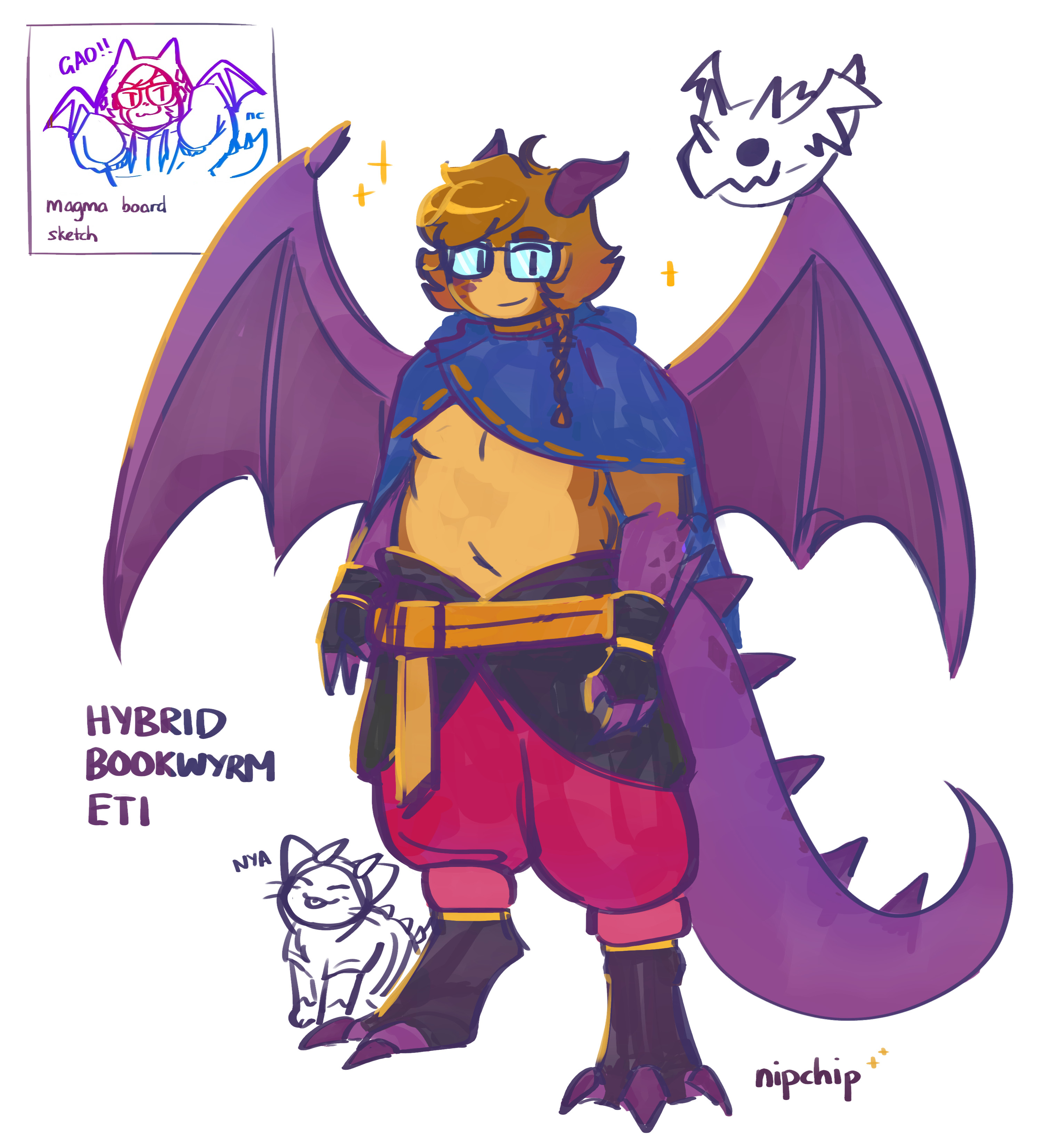 Etienne as a purple dragon hybrid. At Eti's feet is Pancake in a dragon hoodie. A wyrm (from his Bookwyrm skin) is hovering near his wing. The top left corner has the inspiration doodle of Etienne in a dragon hoodie, subtitled 'magma board sketch'.